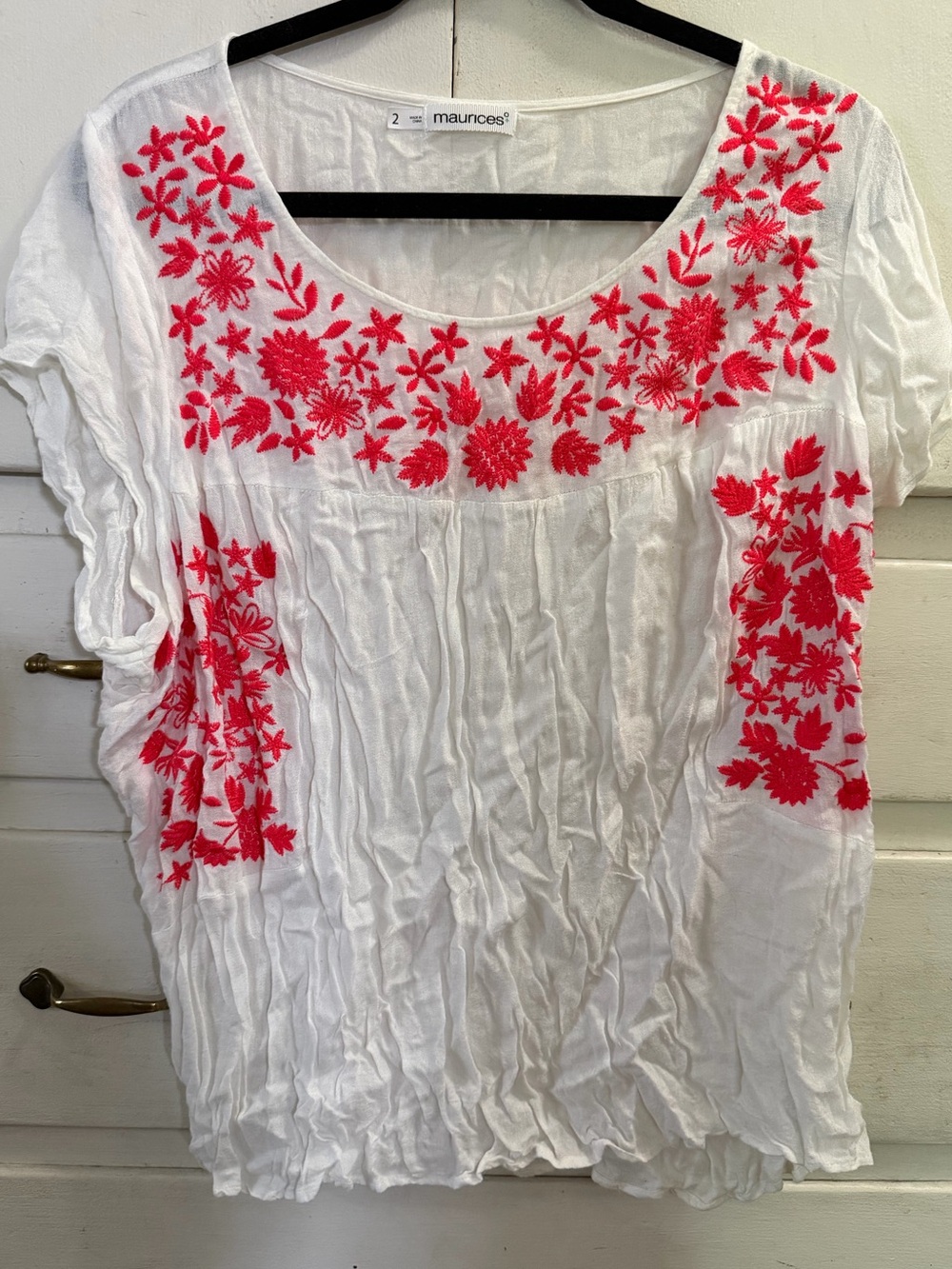Maurices White Short-Sleeve Embroidered Tunic with Hot Pink Floral Detail